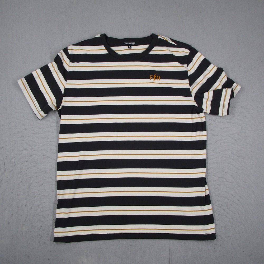 Fasthouse Mens XL Striped T-Shirt Black White Gold FZH Lightning Bolt Logo Tee